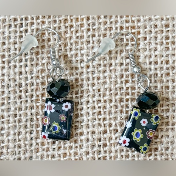 Black Glass Bead Floral Necklace Earrings Set Millefiori Whimsigoth Dark Romance - Picture 3 of 6